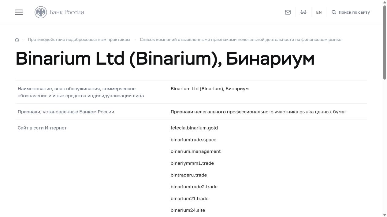 Карточка Binarium в предупреждающем списке Банка России